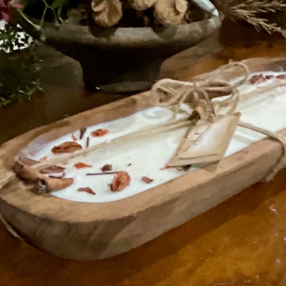 Lg Hand Carved Wood Dough Bowl 3 Wick Cinnamon Apple Scent Soy Wax Candle. NWT - Picture 6 of 8